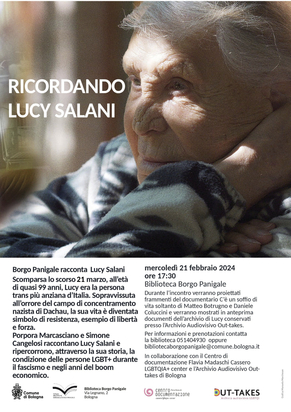 Locandina iniziativa Biblioteca Borgo Panigale_Ricordando Lucy Salani_21.02.2024